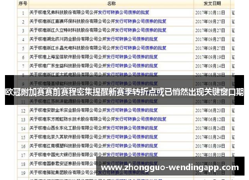 欧冠附加赛赛前赛程密集提醒新赛季转折点或已悄然出现关键窗口期 欧冠附加赛赛前赛程密集提醒新赛季转折点或已悄然出现关键窗口期